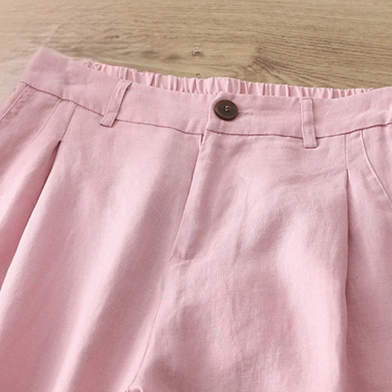 Buddha Stones Solid Color Cotton Women's Button Wide Leg Pants With Pockets