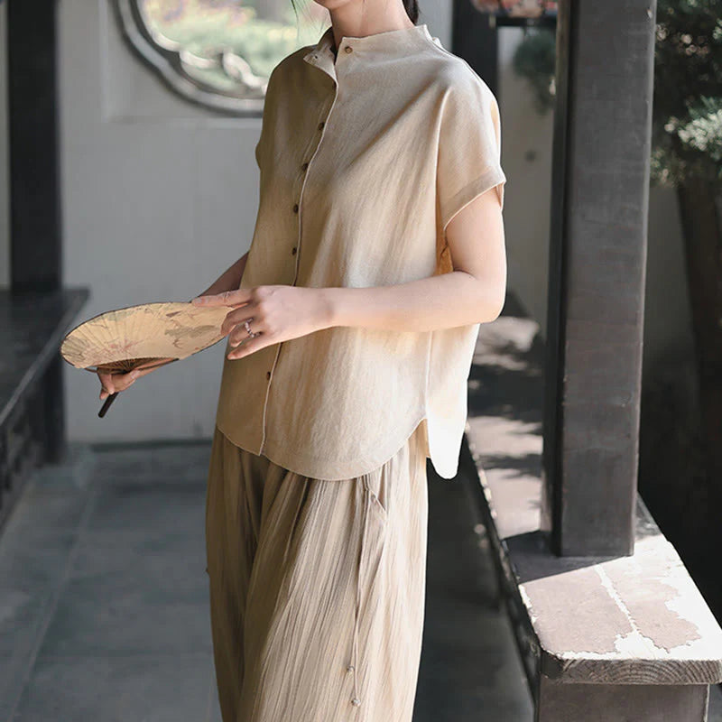 Buddha Stones Vintage Buttons Design Stand Collar Cotton Short Sleeve Women's Shirt