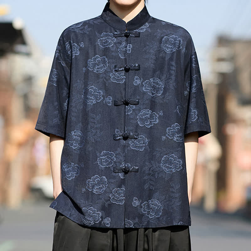 Buddha Stones Retro Frog Buttons Mandarin Collar Floral Jacquard Men's Short Sleeve Shirt