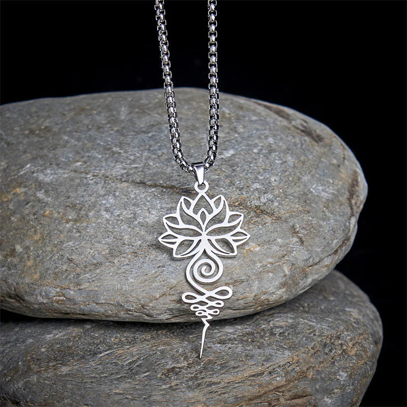 Buddha Stones Lotus Unalome Chakra Symbol Design Stainless Steel Enlightenment Necklace Pendant