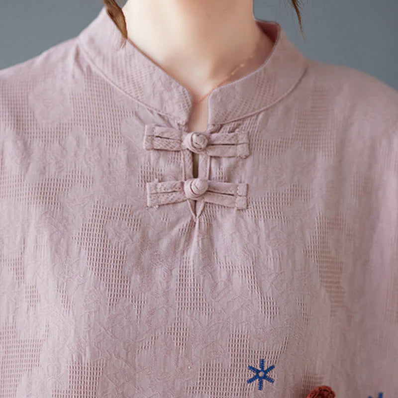 Buddha Stones Vintage Summer Stereoscopic Flower Embroidery Three Quarter Sleeve Frog-Button Cotton Linen Women's Shirt