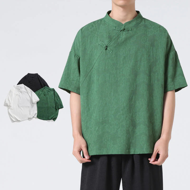 Buddha Stones Retro Pure Color Frog-Button Design Jacquard Flower Pattern Men's Short Sleeve Cotton Linen Shirt