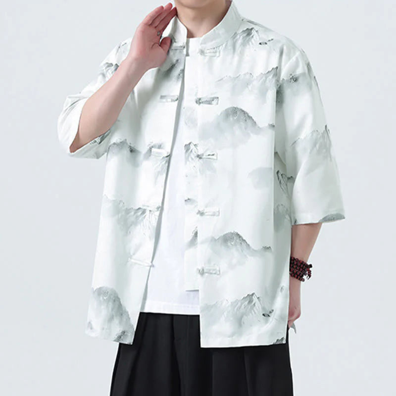 Buddha Stones Printing Chinese Ink Landscape Pattern Men's Frog-button Half Sleeve Shirts