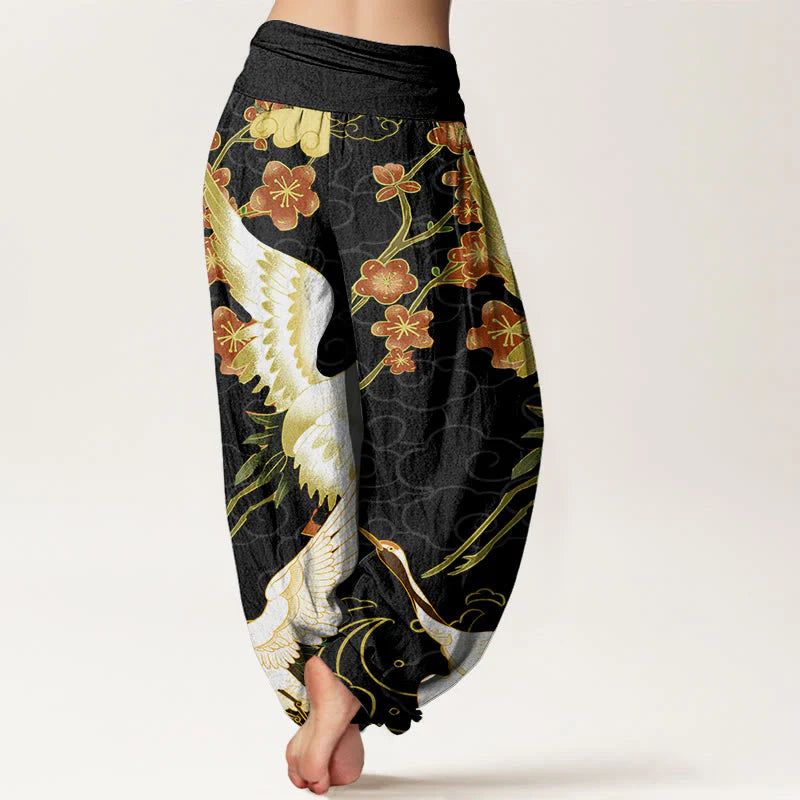 Buddha Stones Cotton Cranes Flowers Auspicious Clouds pattern Women's Elastic Waist Harem Pants
