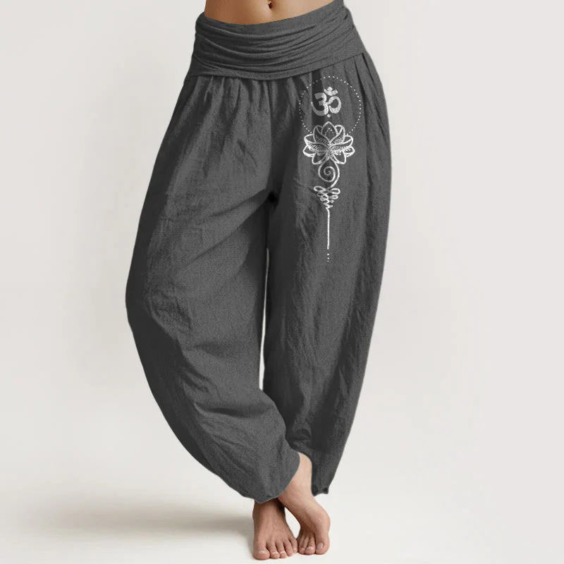 Buddha Stones Pure Cotton Minimalist Style Om Symbol Lotus Pattern Women's Elastic Waist Harem Pants