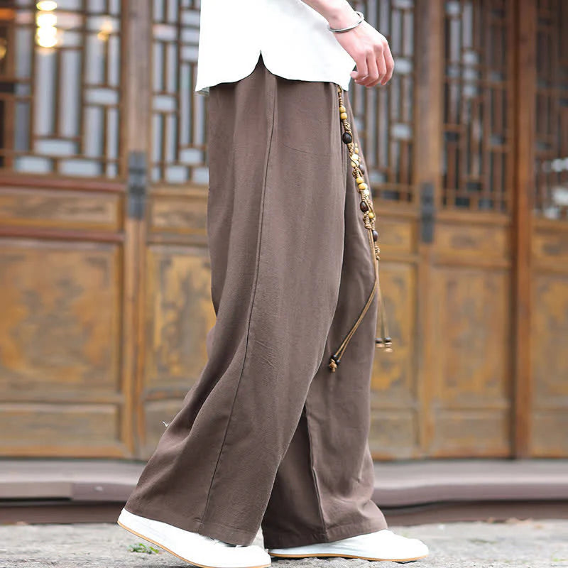 Buddha Stones Summer Ethnic Beaded Tassel Cotton Men's Long Straight Leg Pants