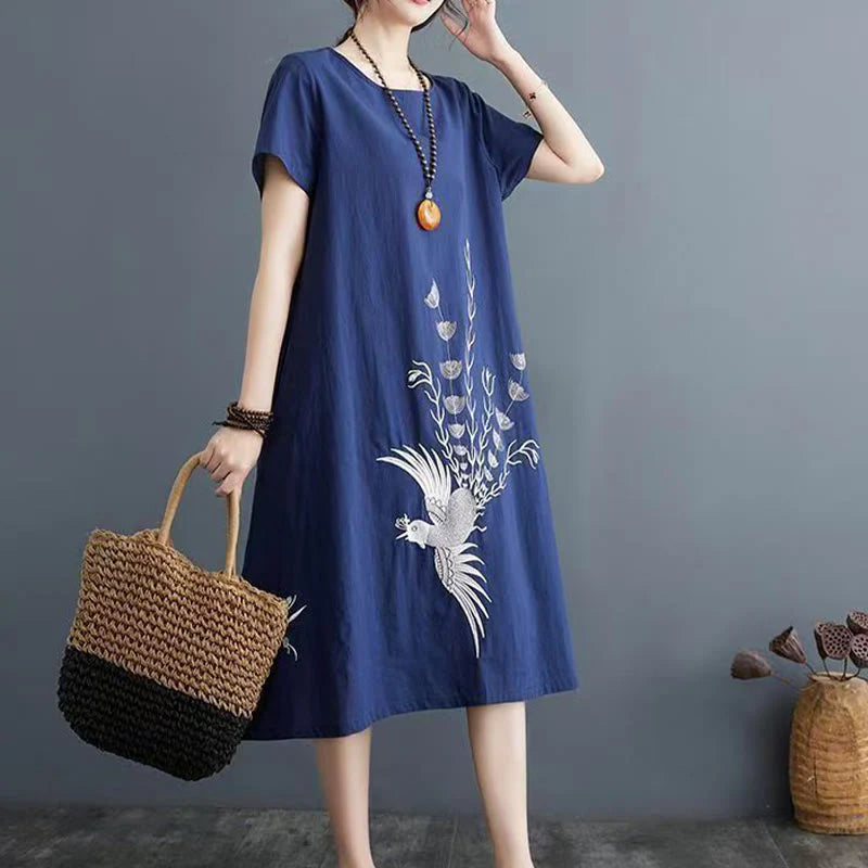 Buddha Stones Summer Printing Phoenix Pattern Short Sleeve Cotton Linen Midi Dress