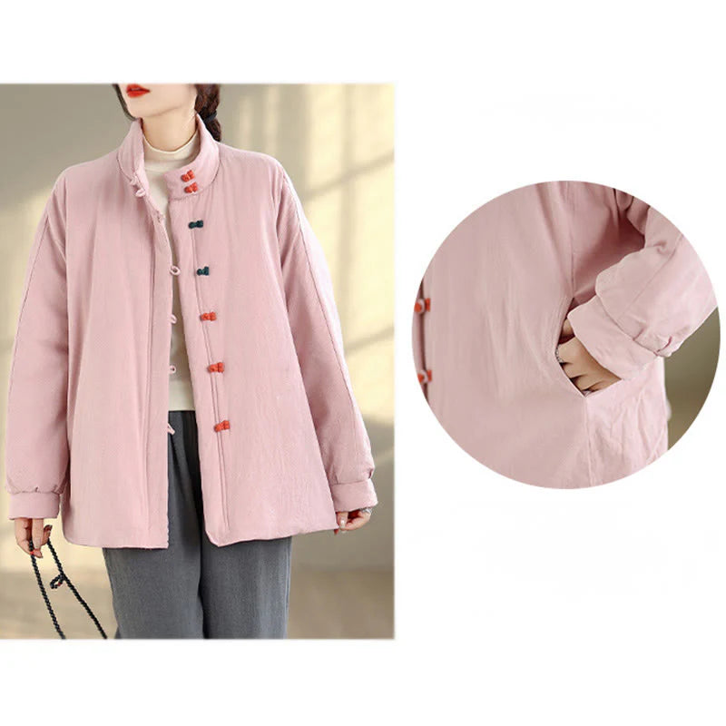 Buddha Stones Women's Winter Chinese Frog-Button Long Sleeve Cotton Thicken Jacket With Pockets