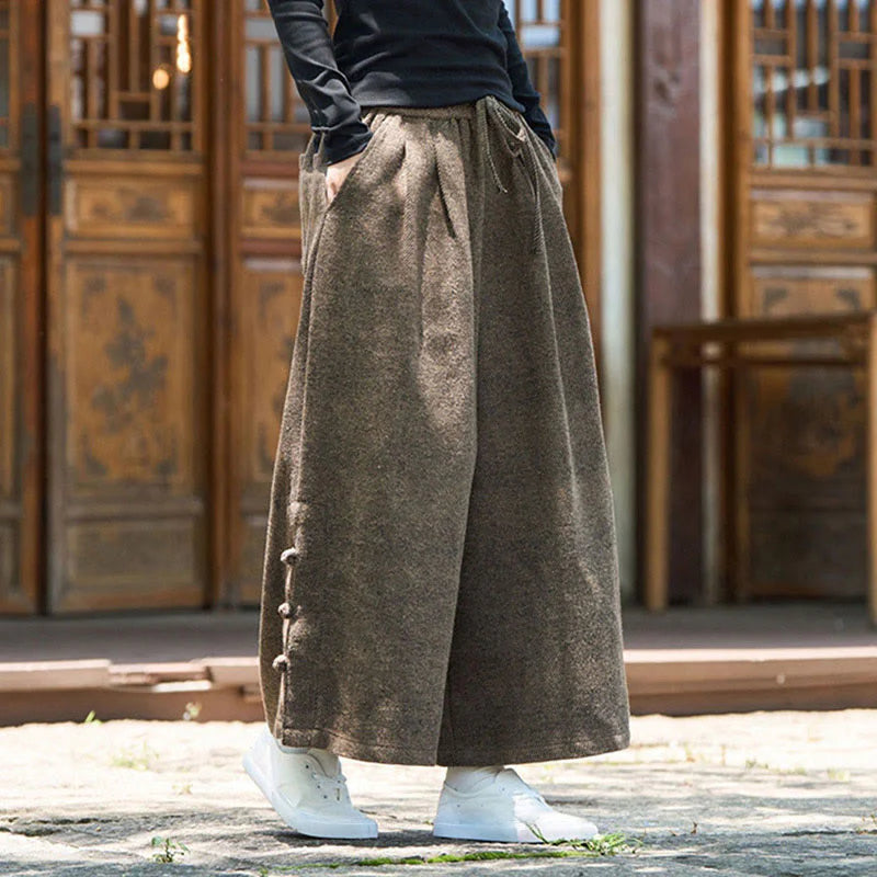 Buddha Stones Winter Chinese Frog-Button Design Corduroy Thermal Men's Wide Leg Pants With Pockets