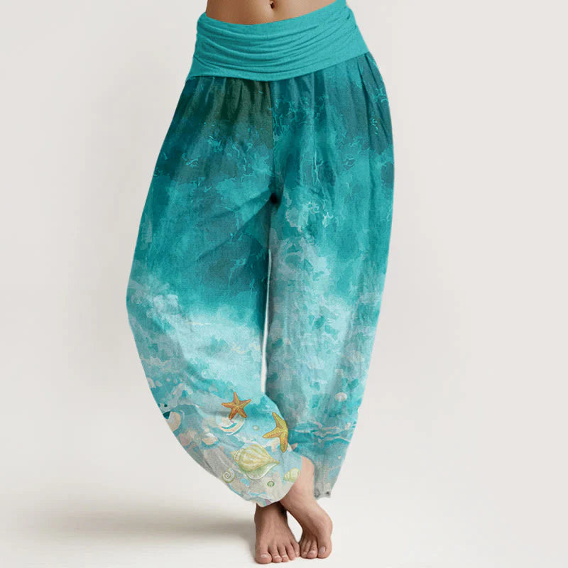 Buddha Stones Cotton Vast Ocean Pattern Women's Elastic Waist Harem Pants