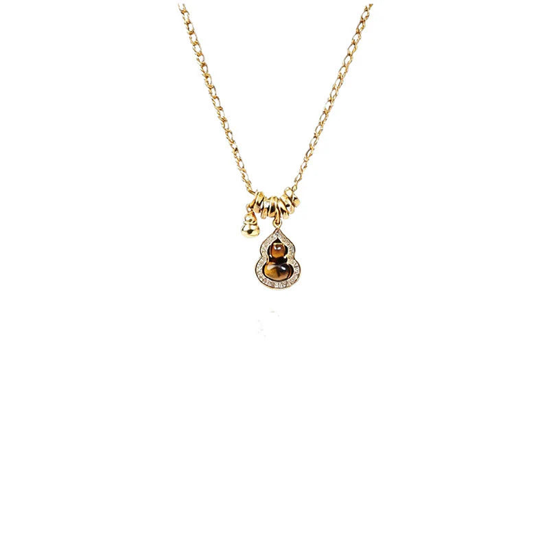 Buddha Stones Double Gourd Tiger Eye Copper Plated Gold Strength Necklace Pendant