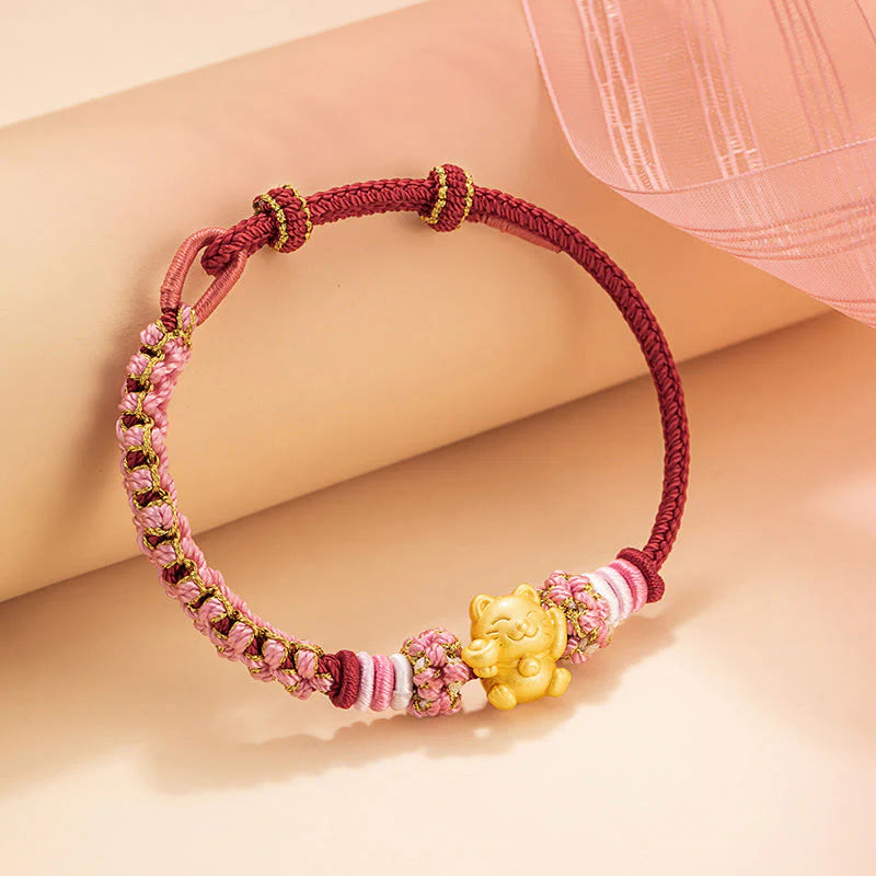 Buddha Stones Handmade 999 Sterling Silver Fortune Cat Ingot Peach Blossom Luck Red Rope Bracelet