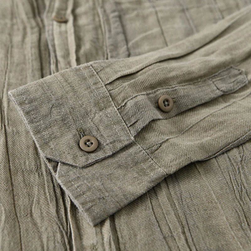 Buddha Stones Solid Long Sleeve Stand Collar Wrinkles Button Down Ramie Linen Men's Shirts