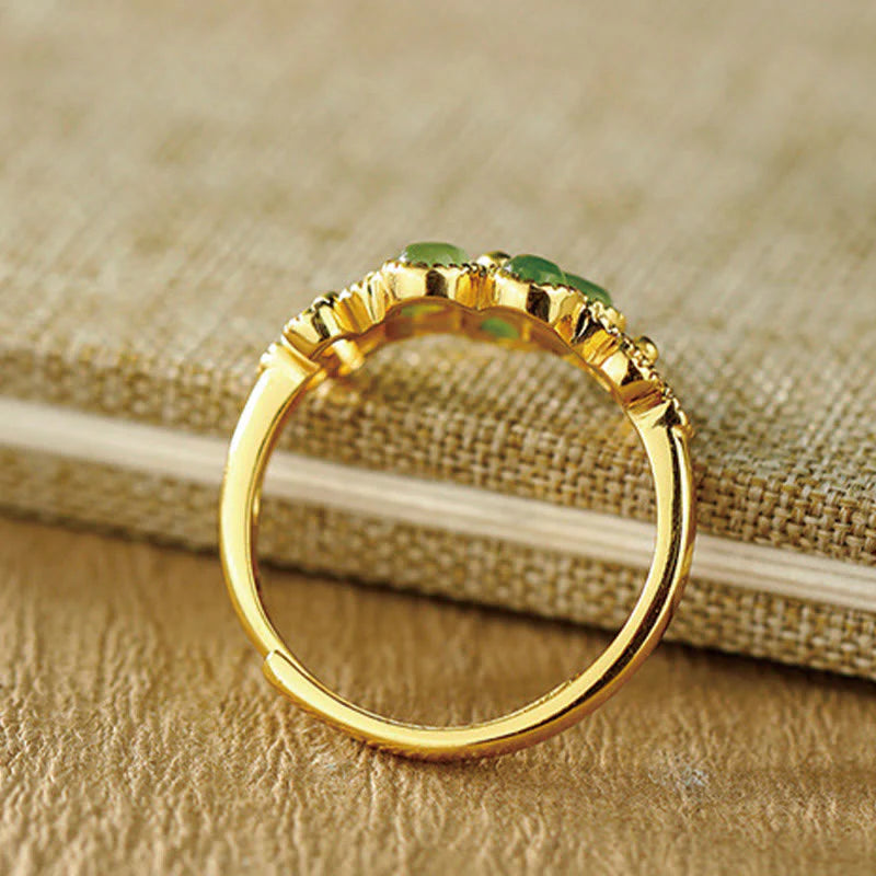 Buddha Stones Natural Hetian Jade 925 Sterling Silver Plated Gold Flower Adjustable Prosperity Ring