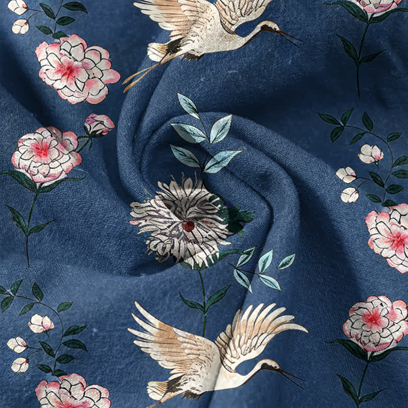Buddha Stones Cotton Crane Floral Print Men's Short Sleeve Half Button Shirt