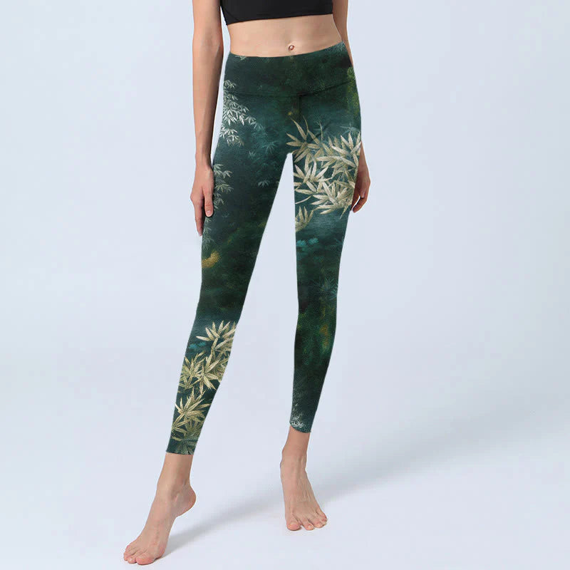 Buddha Stones Elegant Bamboo Leaf Pattern Print Gym Leggings Women's Yoga Pants