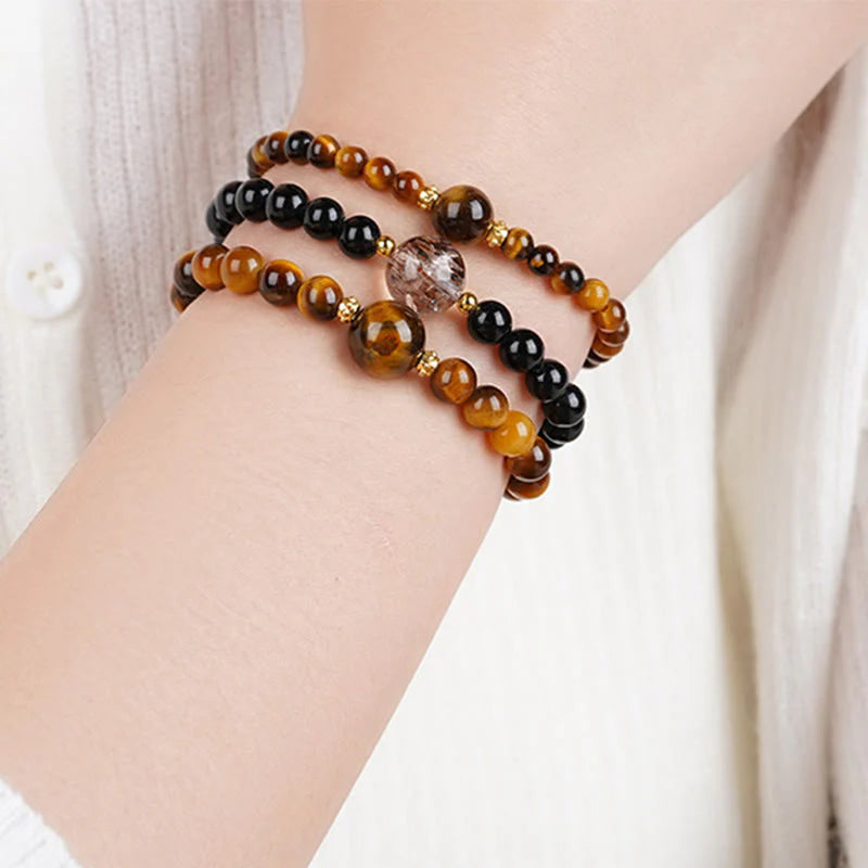 Buddha Stones Tiger Eye Black Obsidian Courage Beads Bracelet