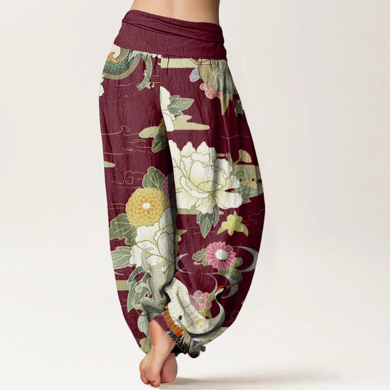 Buddha Stones Cotton Casual Dragon Red-crowned Crane Peony Flower Pattern Women's Elastic Waist Harem Pants