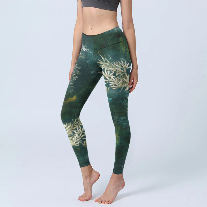 Buddha Stones Elegant Bamboo Leaf Pattern Print Gym Leggings Women's Yoga Pants
