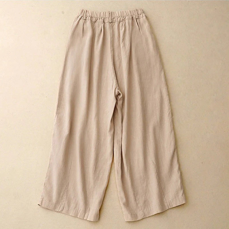 Buddha Stones Commute Vintage Solid Color Women's Wide Leg Cotton Pants With Pockets