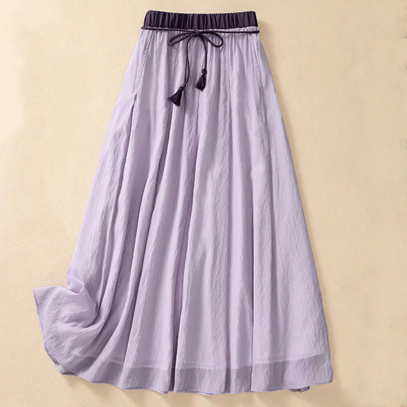 Buddha Stones Casual Contrasting Color Pleated Lace-Up Design Women's Cotton Linen 7-8 Length Skirt