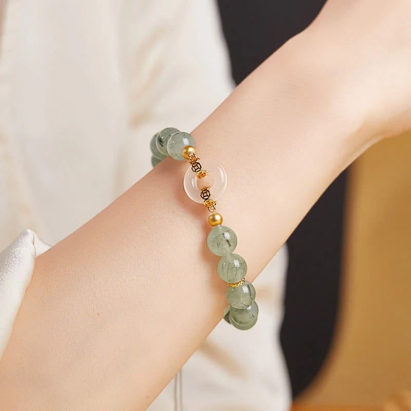 Buddha Stones 925 Sterling Silver Green Rutilated Quartz White Chalcedony Peace Buckle Courage Bracelet