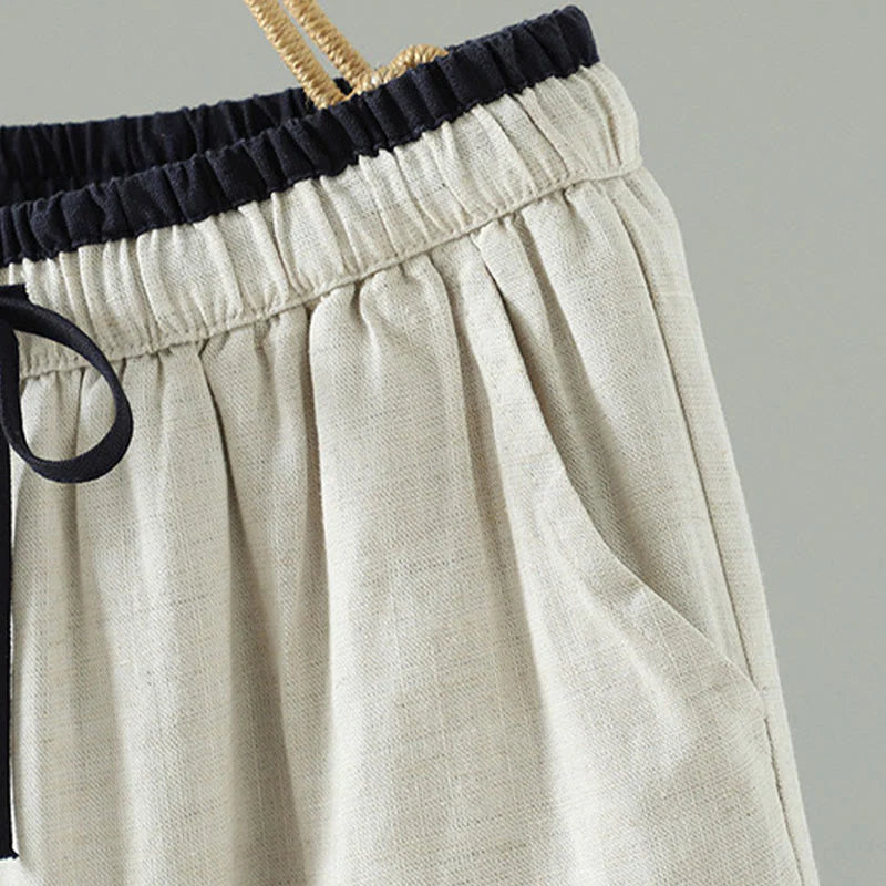 Buddha Stones Winter Contrasting Drawstring Cotton Linen Women's Wide Leg Pants With Pockets