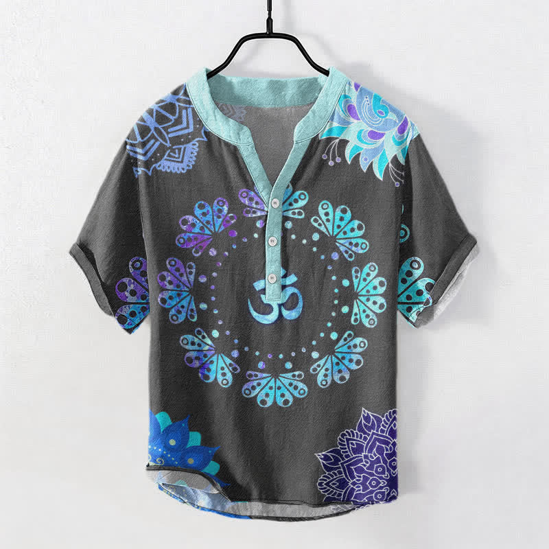 Buddha Stones Cotton Om Lotus Mandala Peacock Emblem Men's Short Sleeve Half Button Shirt