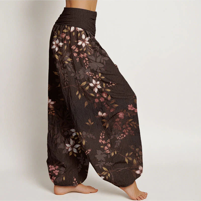Buddha Stones Cotton Small White Blossoms Green Leaves Women's Elastic Waist Harem Pants