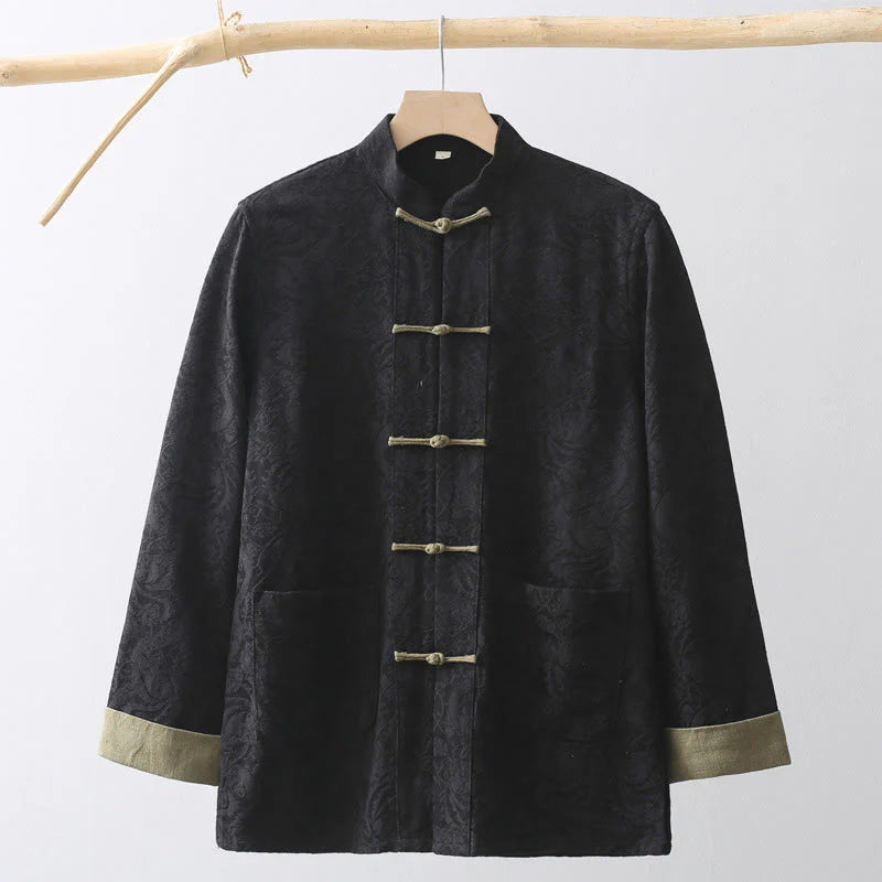 Buddha Stones Spring Jacquard Men's Frog-Button Cotton Long Sleeve Jacket With Pockets