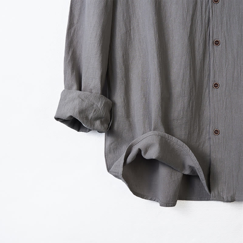 Buddha Stones Solid Color Long Sleeve Hooded Drawstring Buttons Cotton Men's Shirt