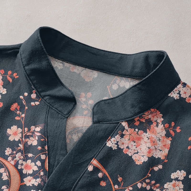 Buddha Stones Cotton Pink Floral Henley Men's Short Sleeve Half Button Shirt
