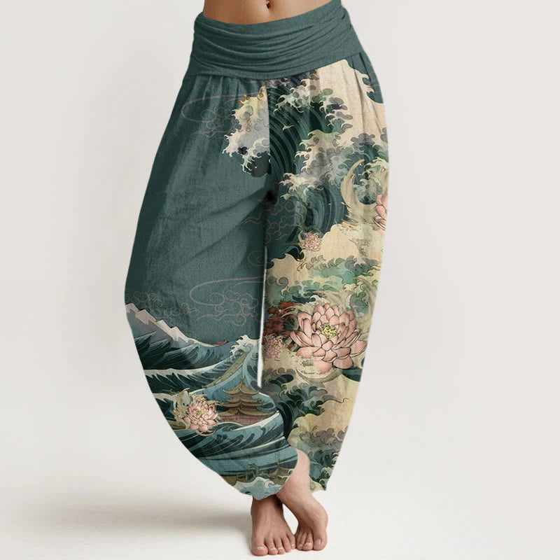 Buddha Stones Cotton Casual Blooming Lotuse Wave Pavilion Pattern Women's Elastic Waist Harem Pants