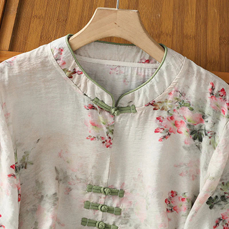 Buddha Stones Printing Floral Plain Chinese Frog-Button Women's Cotton Three Quarter Sleeve Shirt
