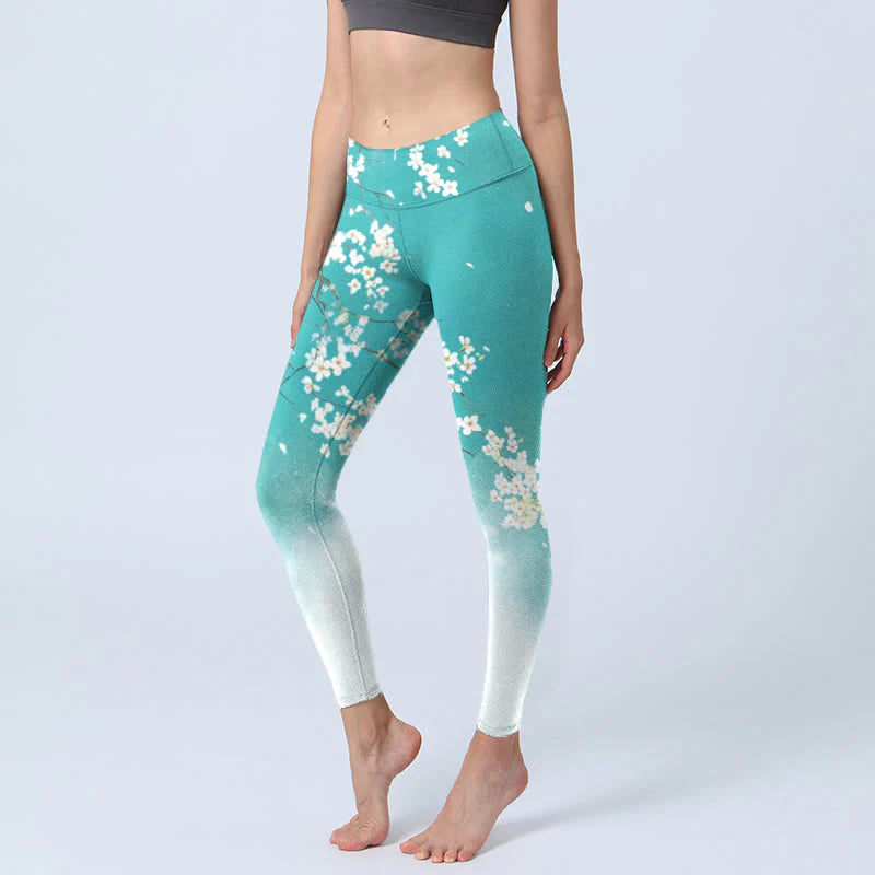 Buddha Stones White Pear Blossoms Print Gym Leggings Women's Yoga Pants