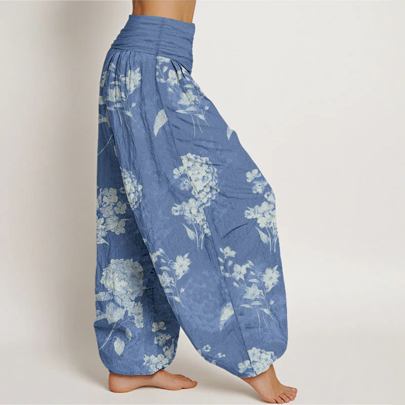Buddha Stones Cotton Refresh Hydrangea Clustered Flowers Pattern Women's Elastic Waist Harem Pants