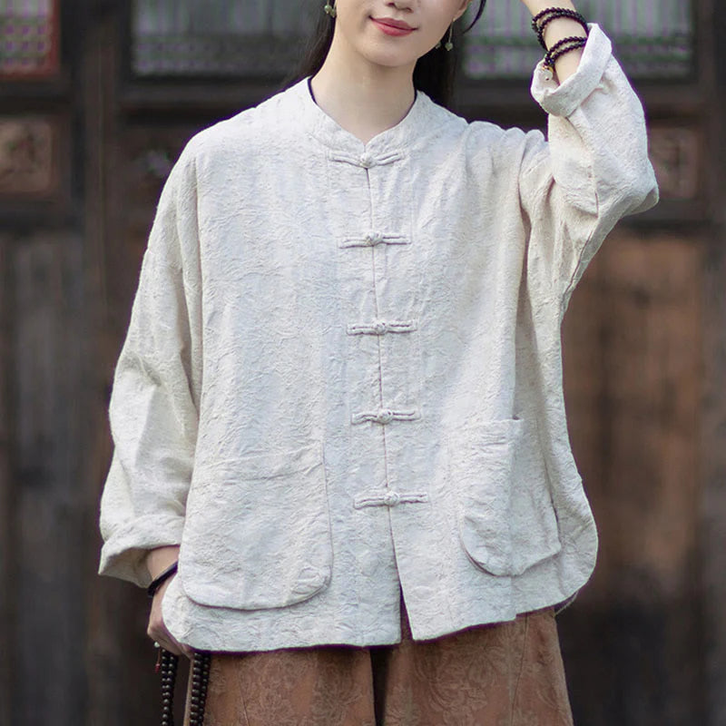 Buddha Stones Fall Jacquard Women's Frog-Button Long Sleeve Shirt Pants Cotton Linen Clothing