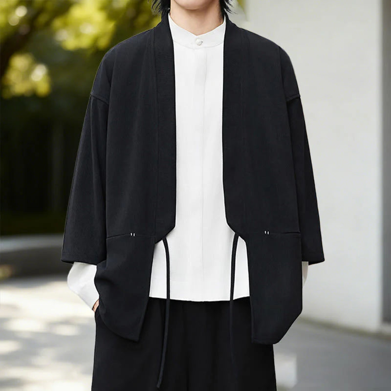 Buddha Stones Solid Color Open Front Long Sleeve Corduroy Jacket Men's Kimono Cotton Linen Shirt