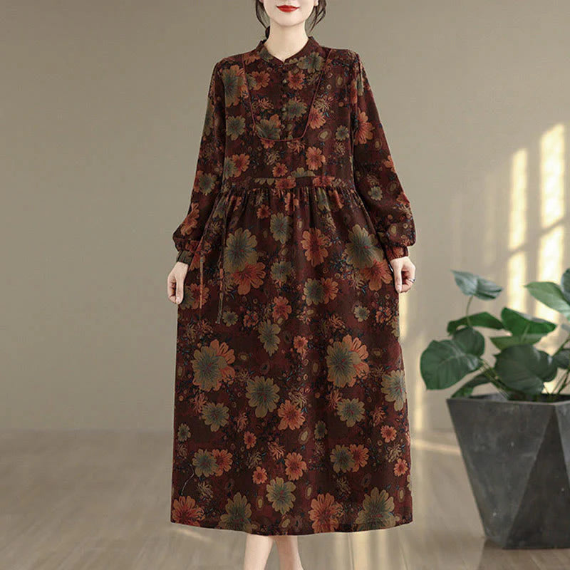 Buddha Stones Flower Pattern Long Sleeve Cotton Midi Dress With Pockets