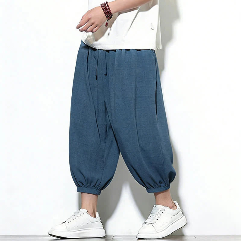 Buddha Stones Spring Solid Color Drawstring Elastic Design Men's Harem Capri Pants