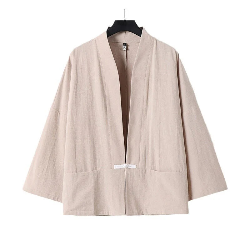 Buddha Stones Long Sleeve Buttons Design Men's Open Front Cotton Linen Jacket Kimono With Pockets