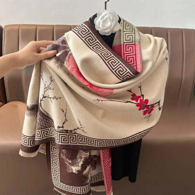 Buddha Stones Fall Plum Blossom Eaves Ink Painting Pattern Cozy Scarf Shawl
