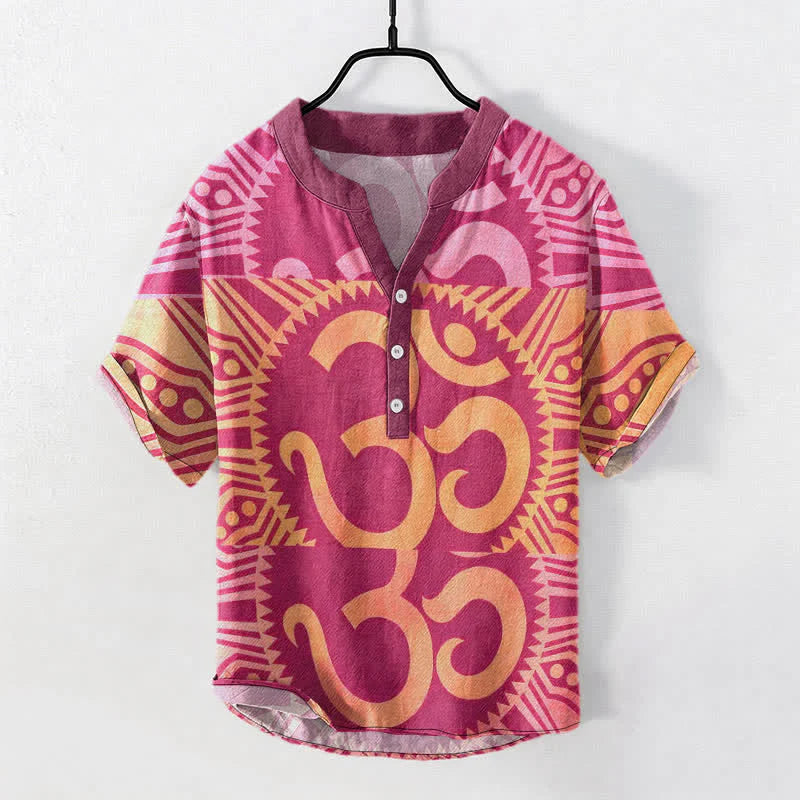 Buddha Stones Cotton Om Emblem Men's Short Sleeve Half Button Shirt