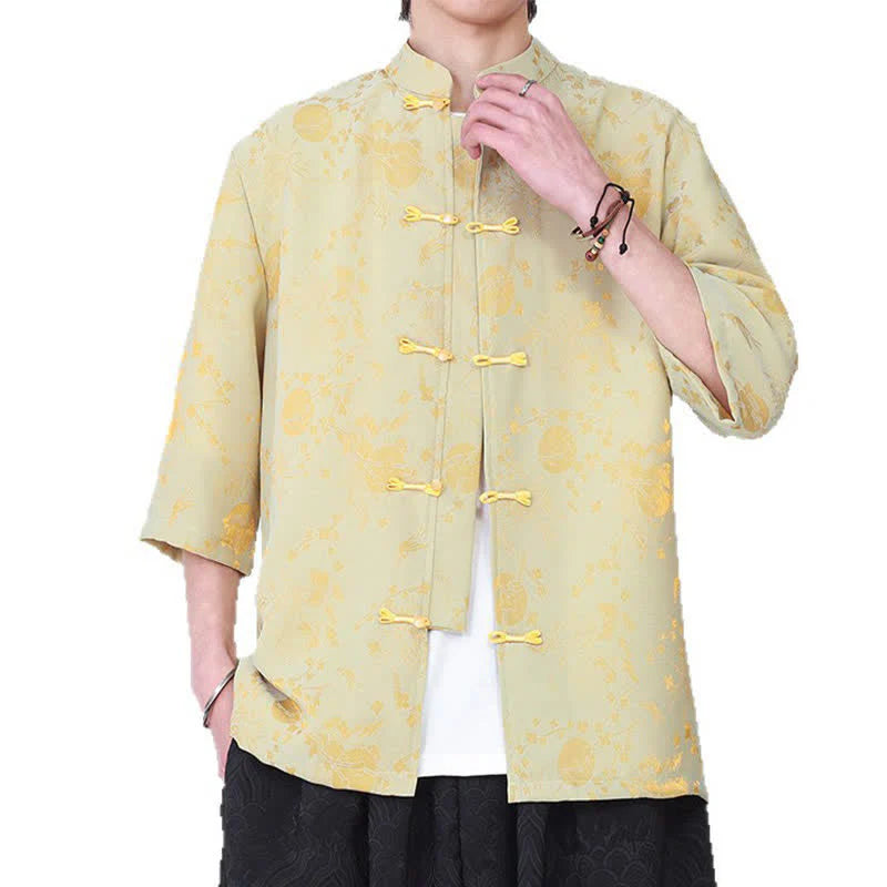 Buddha Stones Summer Vintage Elegant Mandarin Collar Gold Cloud Pattern Elbow Sleeve Men's Shirt