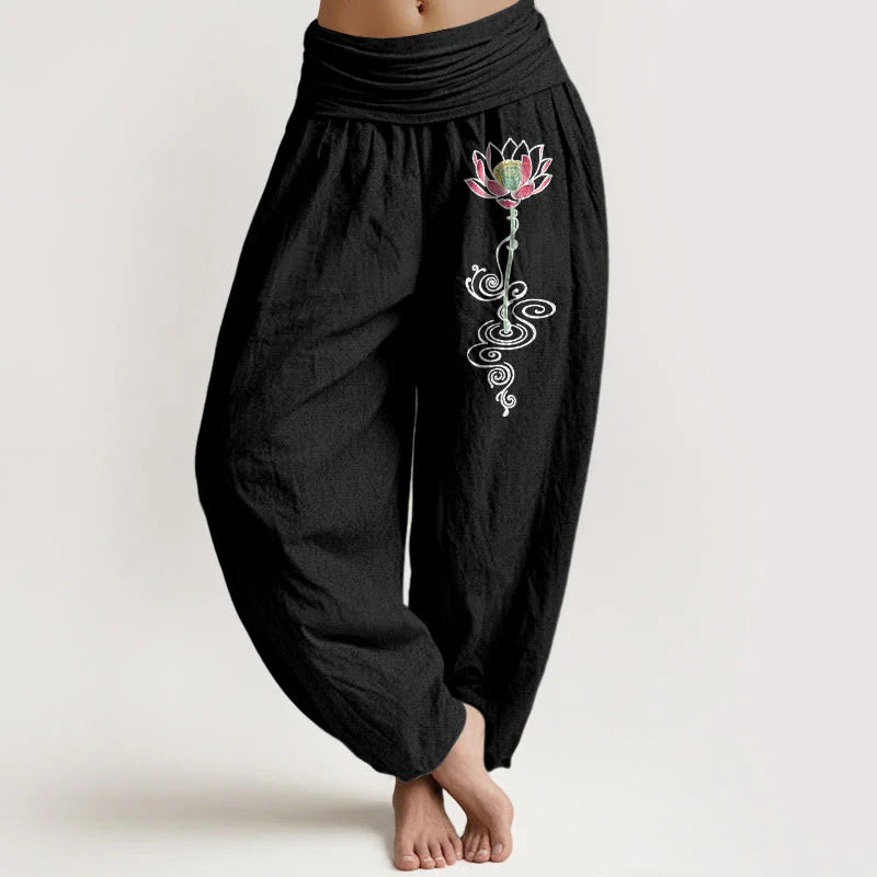 Buddha Stones Pure Cotton Simple Lotus Flower Pattern Women's Elastic Waist Harem Pants