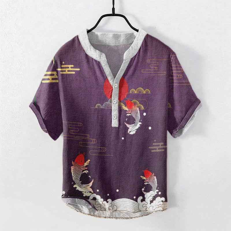 Buddha Stones Cotton Koi Fish Red Sun Cloud Emblem Men's Short Sleeve Half Button Shirt