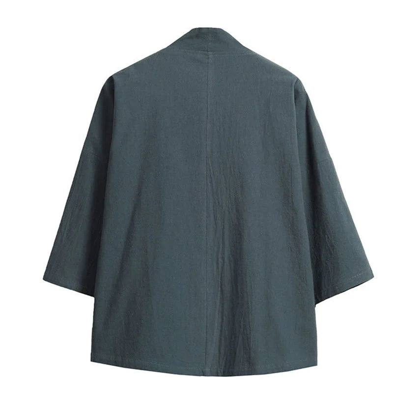 Buddha Stones White Crane Auspicious Clouds Embroidery Three Quarter Sleeve Men's Kimono