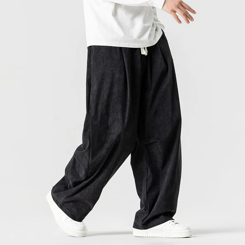 Buddha Stones Winter Drawstring Corduroy Cotton Men's Wide Leg Pants With Pockets