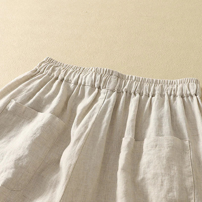 Buddha Stones Casual Retro Drawstring Embroidery Design Women's Cotton Linen 7-8 Length Pants With Pockets