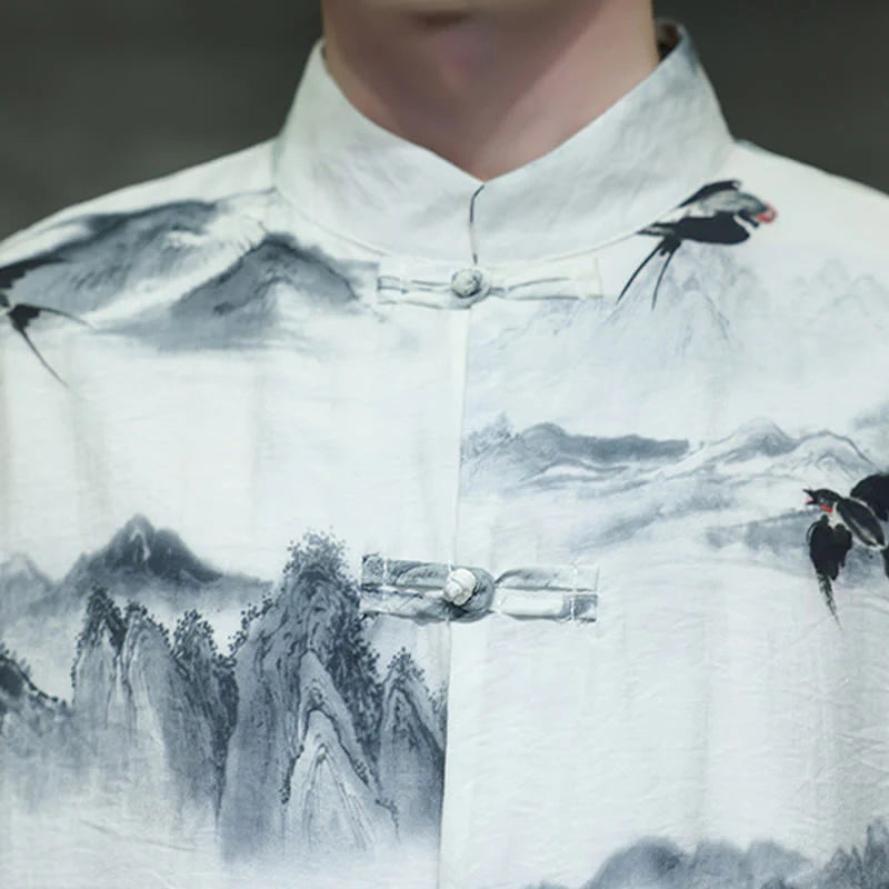 Buddha Stones Ink Painting Mountains Chinese Frog-Button Tang Suit Men's Half Sleeve Cotton Linen Shirt